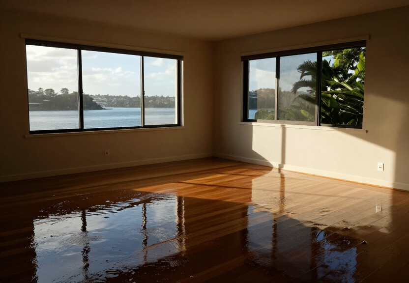 Flooded living room in Picnic Point before restoration