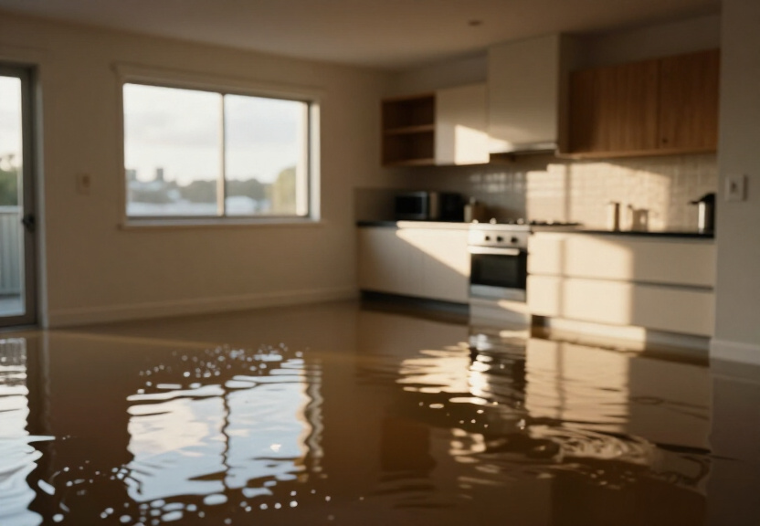 Flooded commercial space in Picnic Point before cleanup